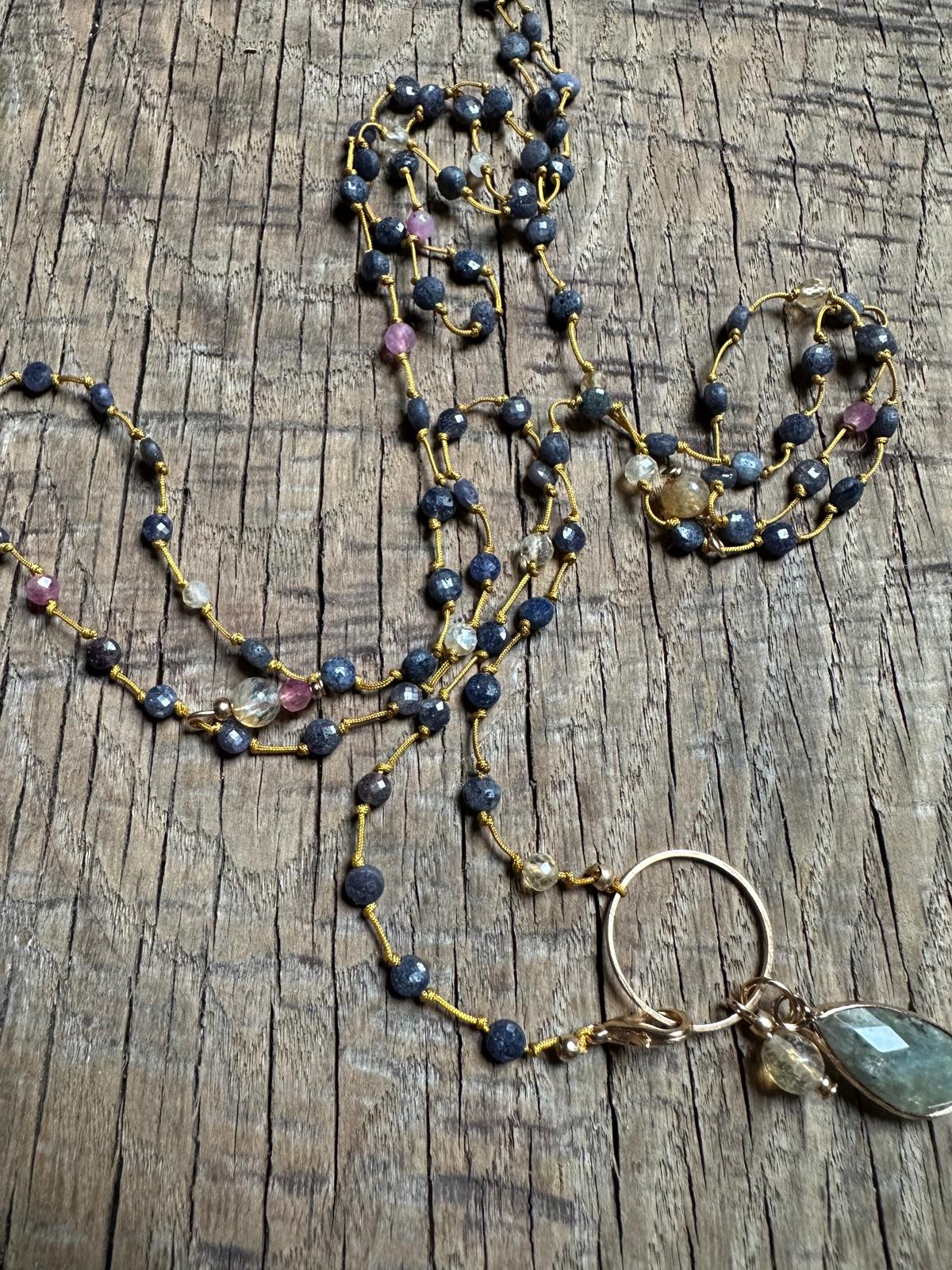 Naszyjnik z szafiru, różowyego turmalinu, cytrynu z wisiorkiem z labradorytu i cytrynu - obrazek 3