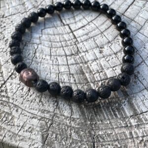 Męska bransoletka z czarnego turmalinu i lawy wulkanicznej z Buddą z hematytu